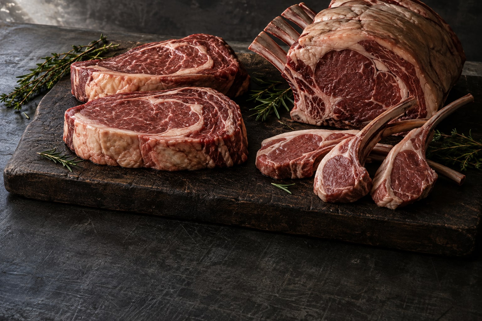 A styled arrangement of steaks, a rib joint and lamb cutlets on a dark butcher’s board