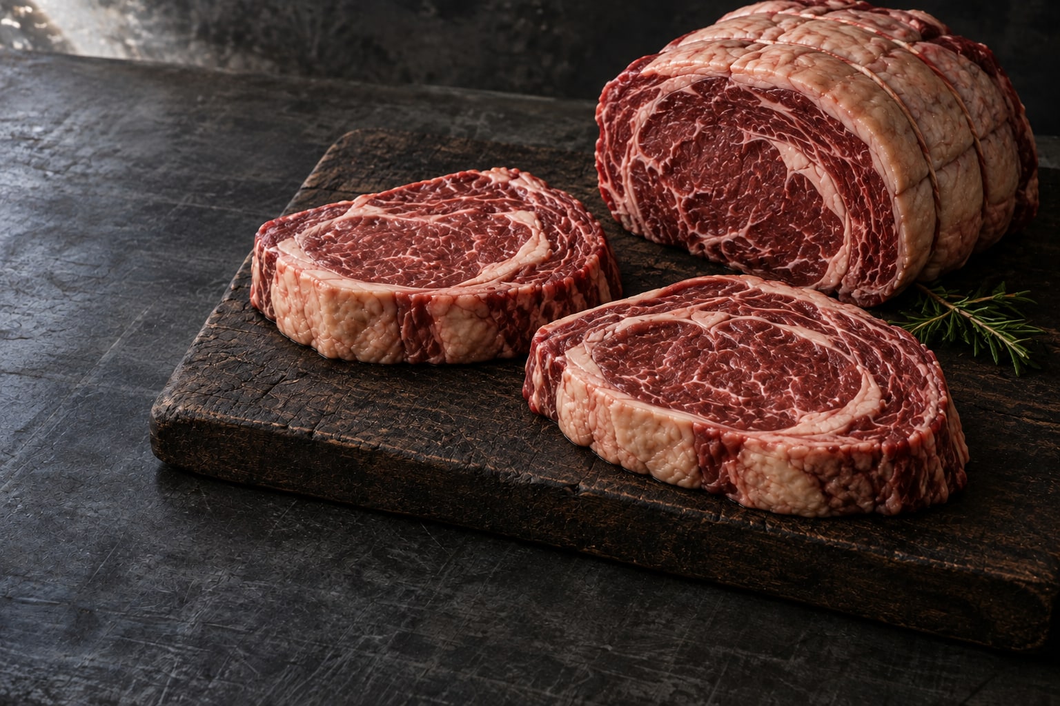 Beef cuts arranged for a catering product presentation